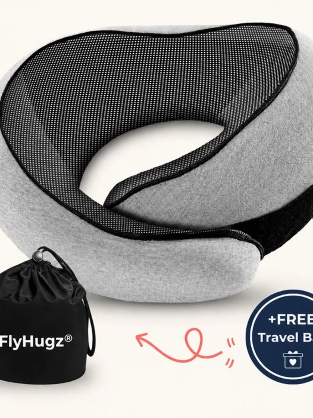 FlyHugz Gray Travel Neck Pillow with Breathable Mesh Support